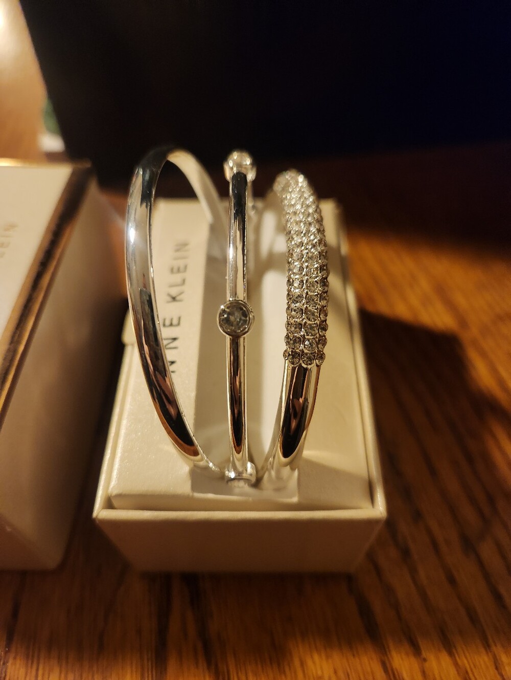 Anne Klein Silver Crystal Trio Bangle Set with Pavé Accent - Picture 3 of 6